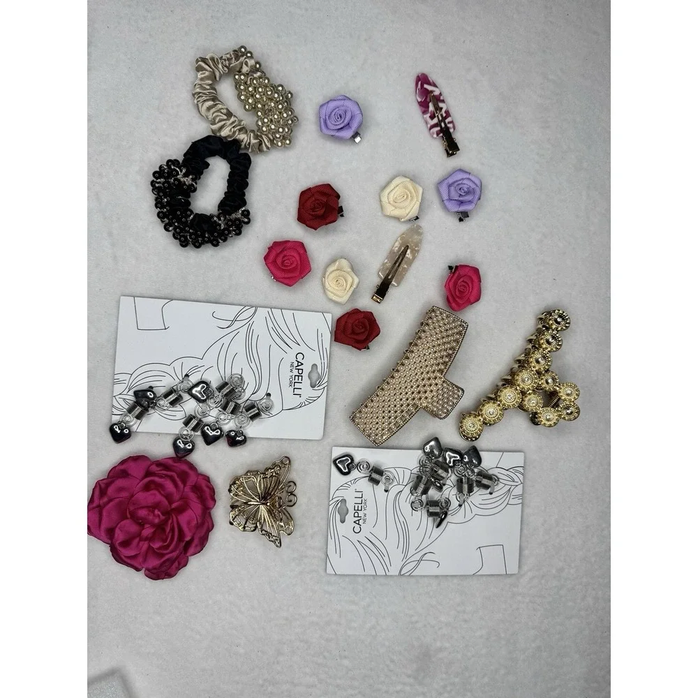 28 Hair Accessories Lot Clips Scrunchies Barrettes Flowers Capelli New York